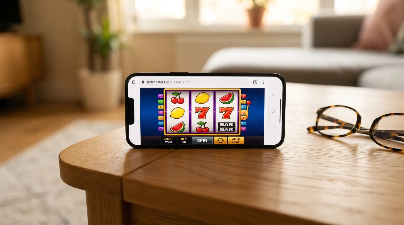 Een smartphone in landscape-stand met een Amatic-fruitautomaat op het scherm, gespeeld via de mobiele browser zonder gedownloade app