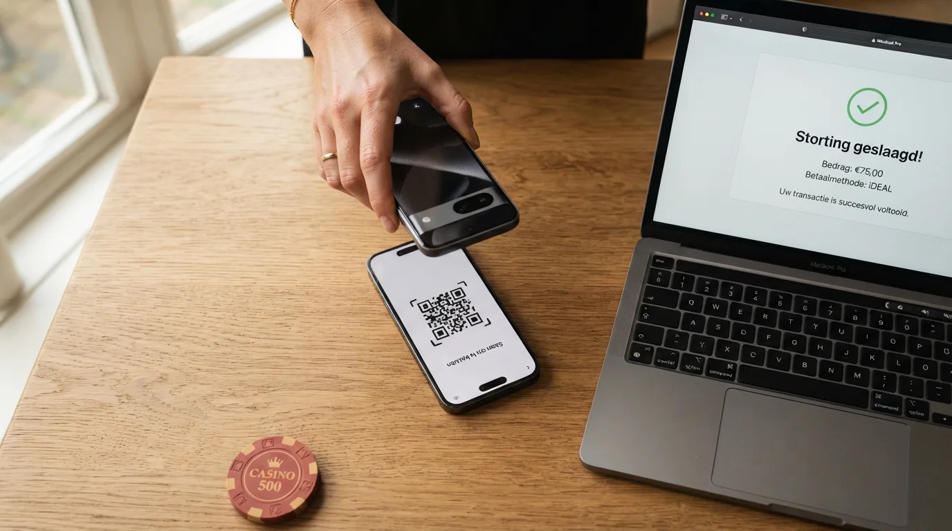 Een smartphone die een QR-code scant van een computerscherm, met het Bancontact-logo zichtbaar, naast een bevestigingsscherm van een storting