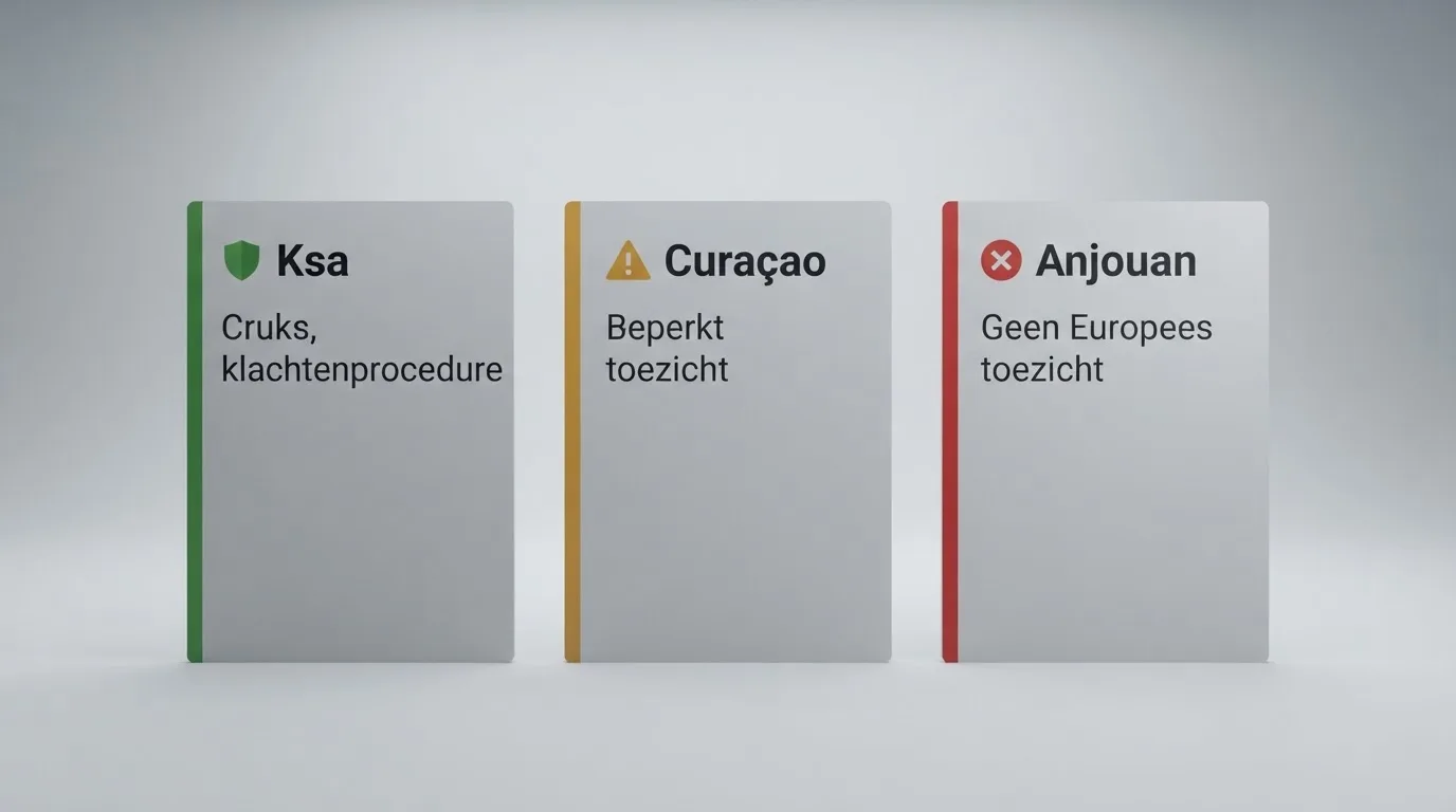 Een vergelijkingstabel van casino-licentietypes — Ksa, Curaçao (LOK), Anjouan — met bij elk type wat de speler eraan heeft aan bescherming.