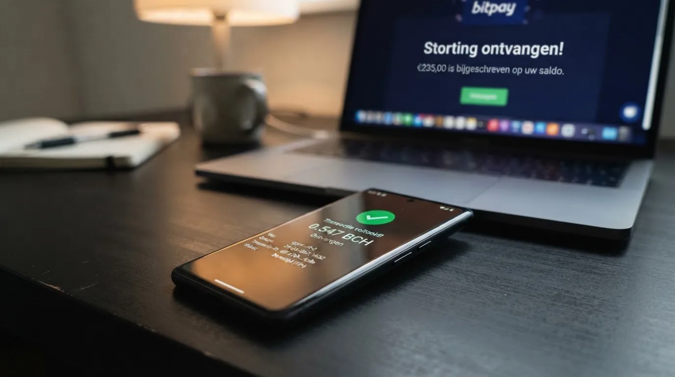 Een smartphone met een crypto-wallet-app die een BCH-transactie naar een casino-adres bevestigt, met op de achtergrond een casino-interface die 'Storting ontvangen' toont.