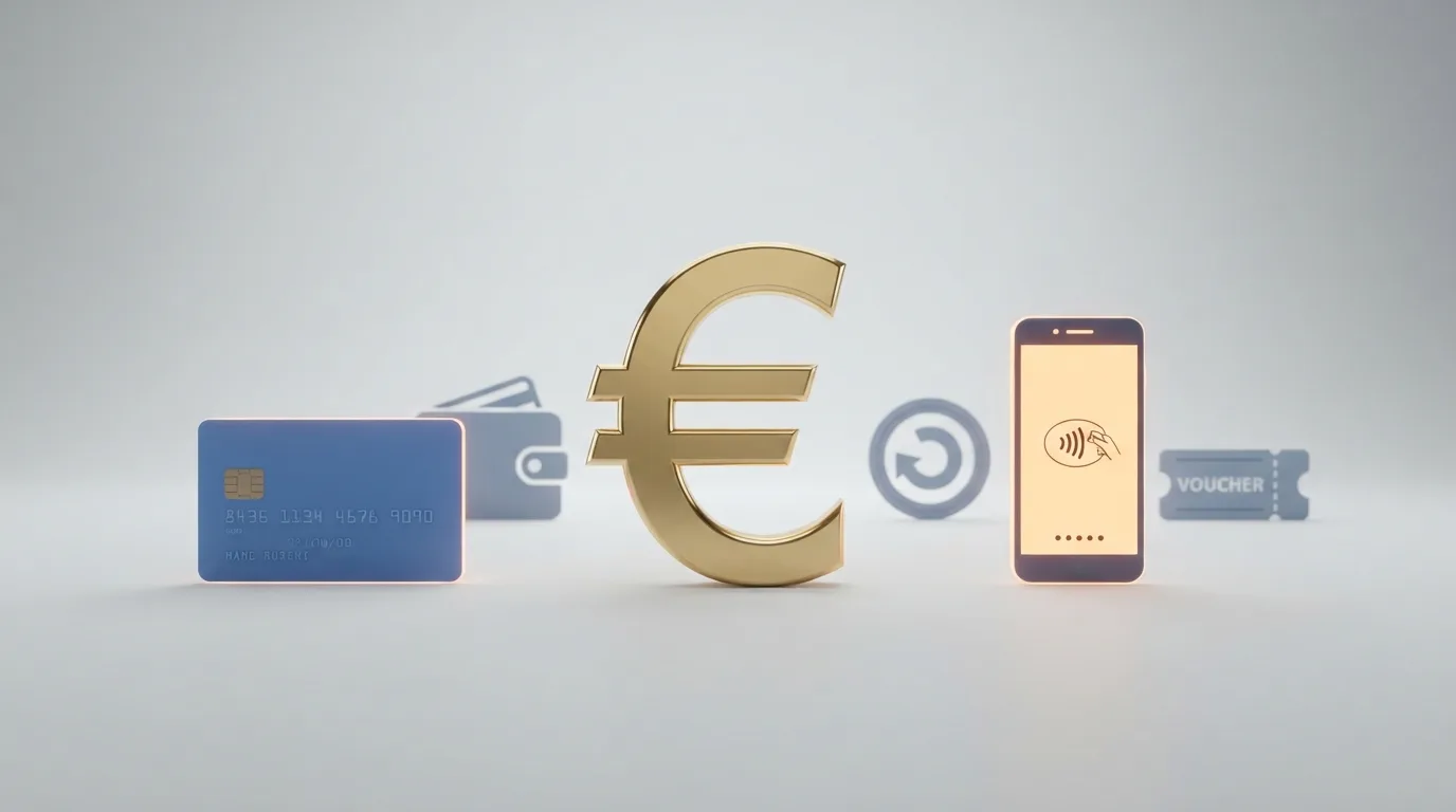 Een reeks betaaliconen — iDEAL, creditcard, PayPal, paysafecard — waarvan er twee oplichten en de rest grijs is, met een munt van €1 in het midden