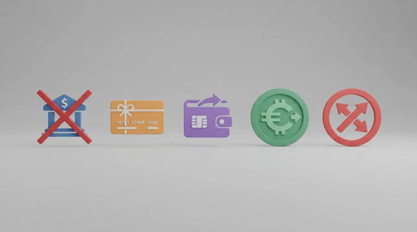 Een reeks betaaliconen — iDEAL, Trustly, Paysafecard, Skrill, crypto — met iDEAL doorgestreept