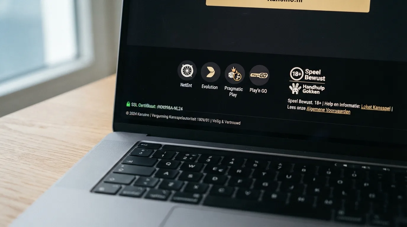 Een close-up van een buitenlands casino met zichtbare SSL-sloticoon, licentienummer in de footer en providerlogo's van bekende spelontwikkelaars