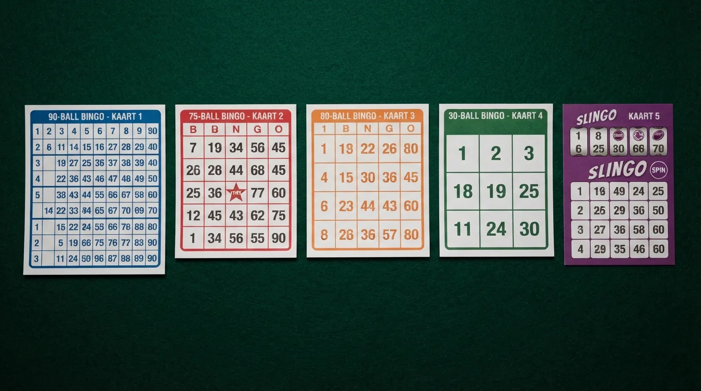 Overzichtelijke rij van bingokaarten met verschillende kleuren die de variatie in het Nederlandse bingo-aanbod symboliseren