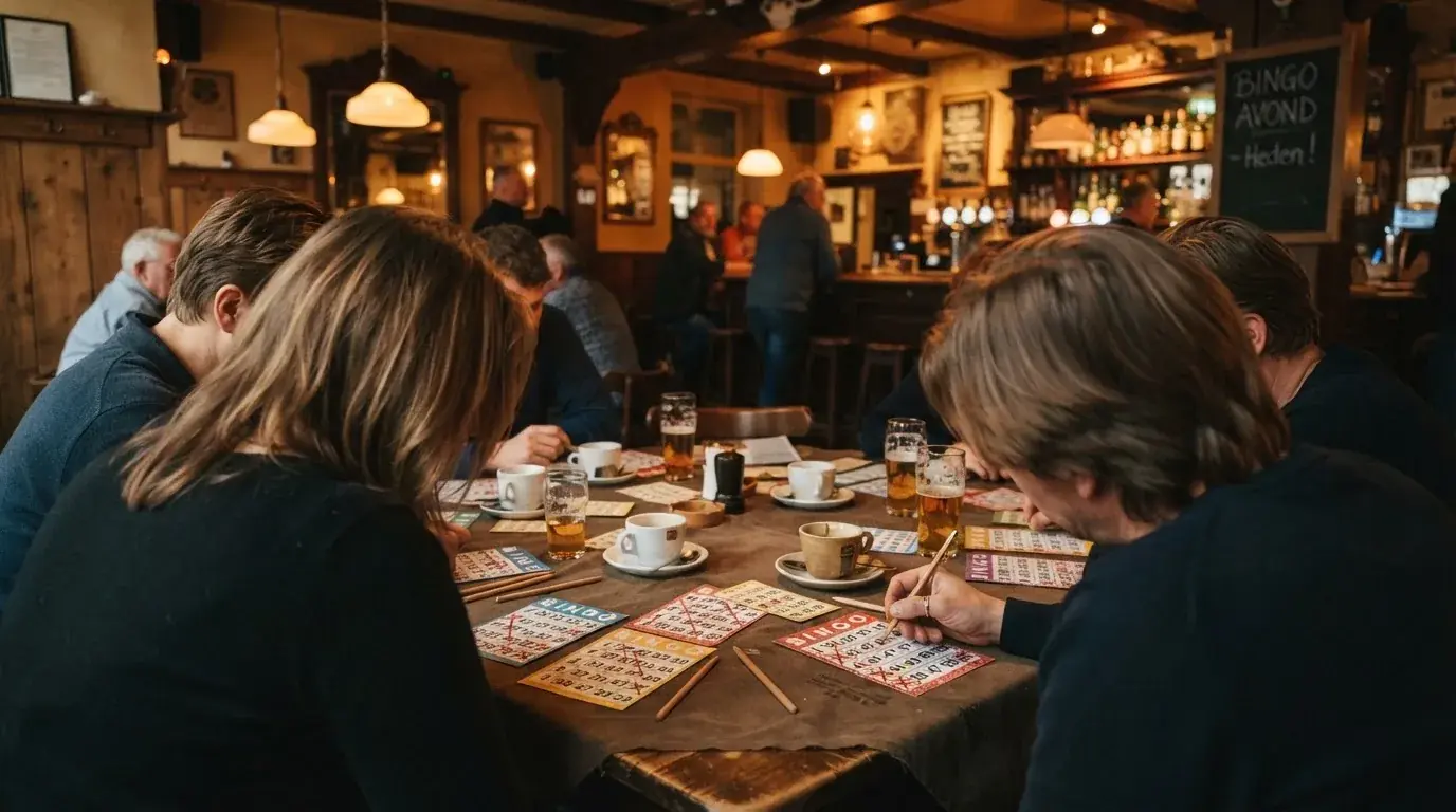 Mensen aan een tafel met bingokaarten in een gezellige setting — de sociale kant van het bingospel in Nederland