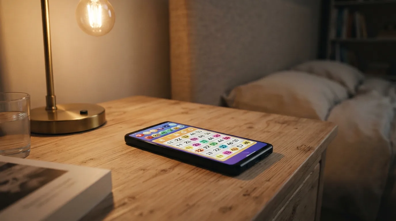 Een smartphone met een bingokaart op het scherm en een Nederlands casino-logo zichtbaar in de app-interface