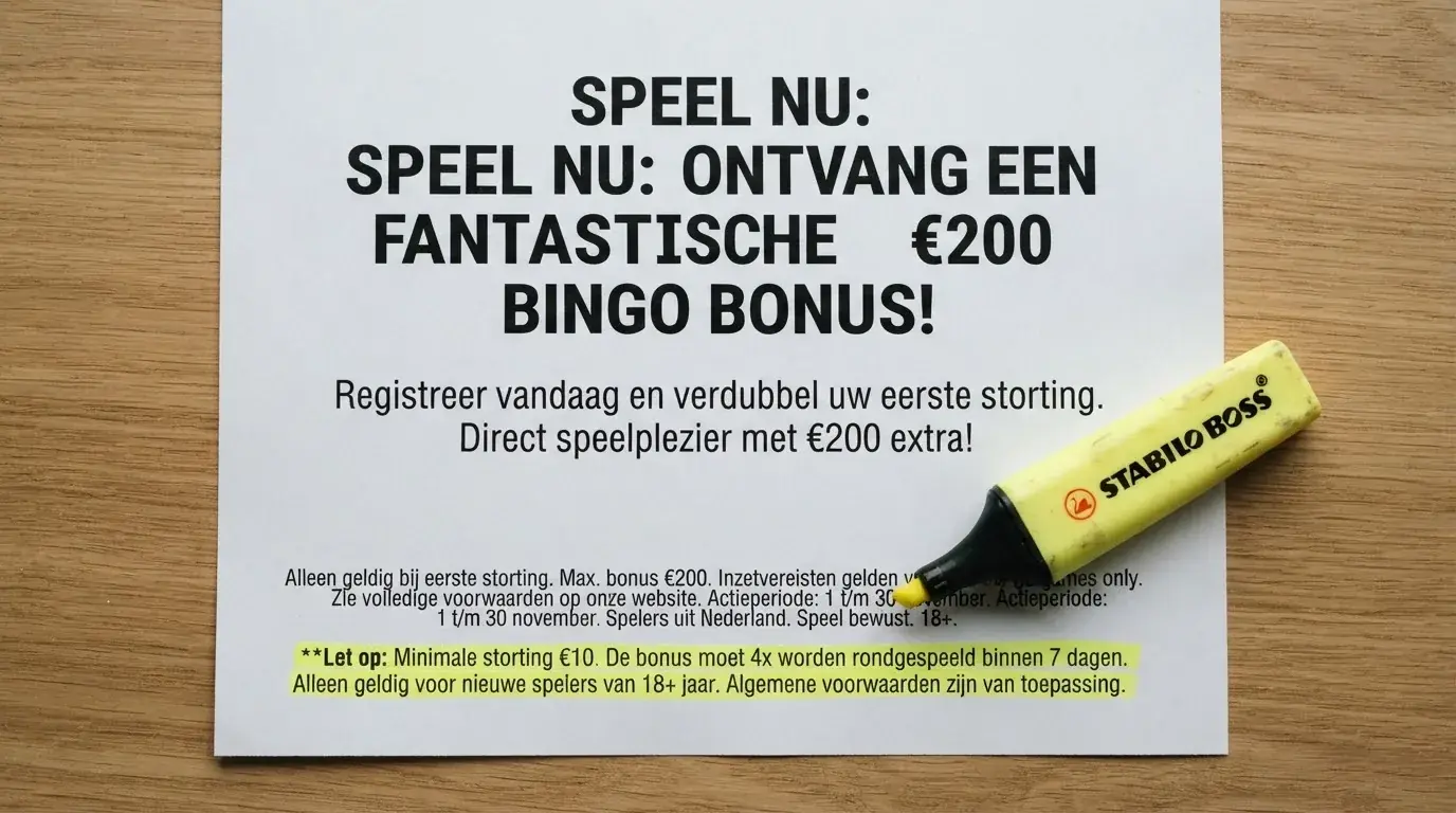 Een uitvergrote bingobonus-tekst met een markeerstift over de kleine letters van de bonusvoorwaarden