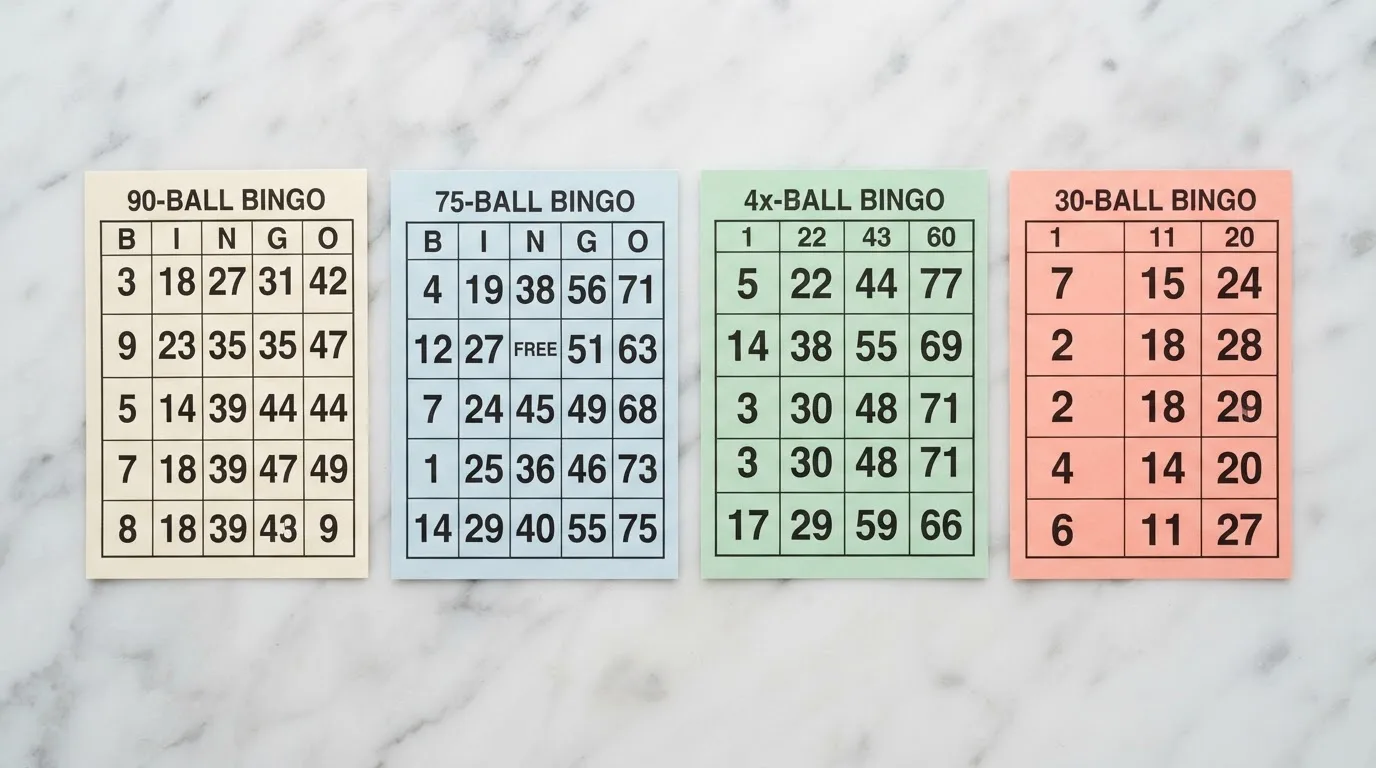 Vier verschillende bingokaarten naast elkaar: 90-ball, 75-ball, 80-ball en 30-ball, elk met hun eigen raster en nummers