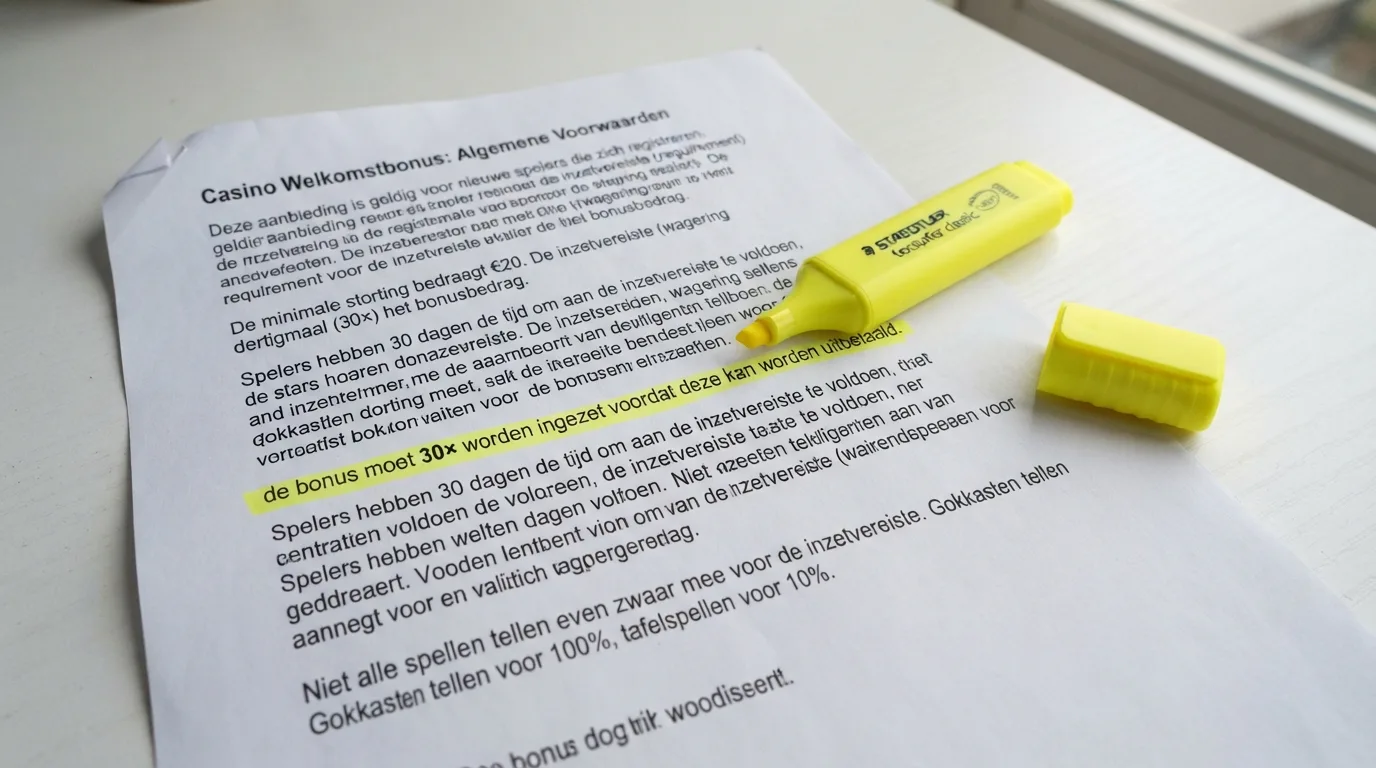 Een close-up van bonusvoorwaarden met een markeerstift over de rondspeelvereiste