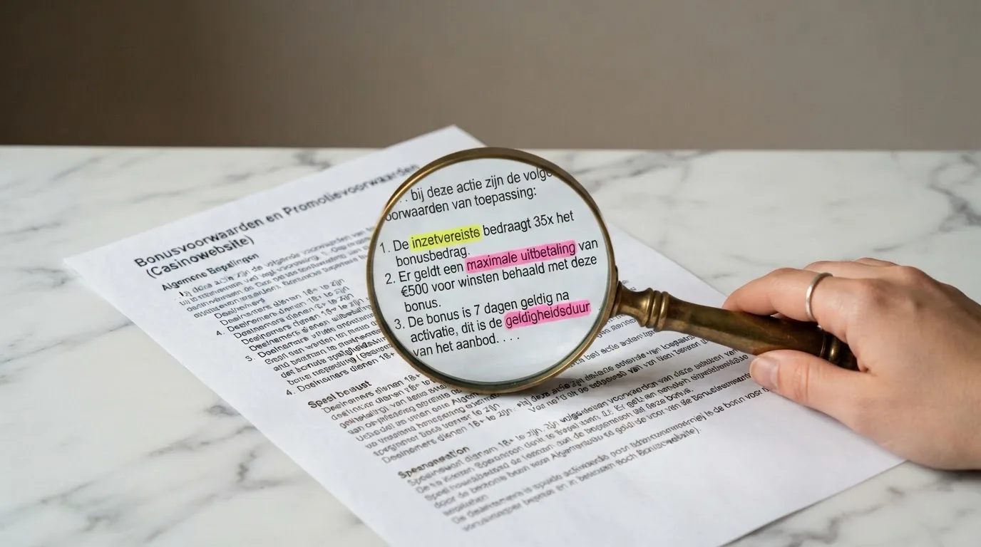 Een document met bonusvoorwaarden onder een vergrootglas; de termen “inzetvereiste”, “maximale uitbetaling” en “geldigheidsduur” zijn uitgelicht met markeerstift.