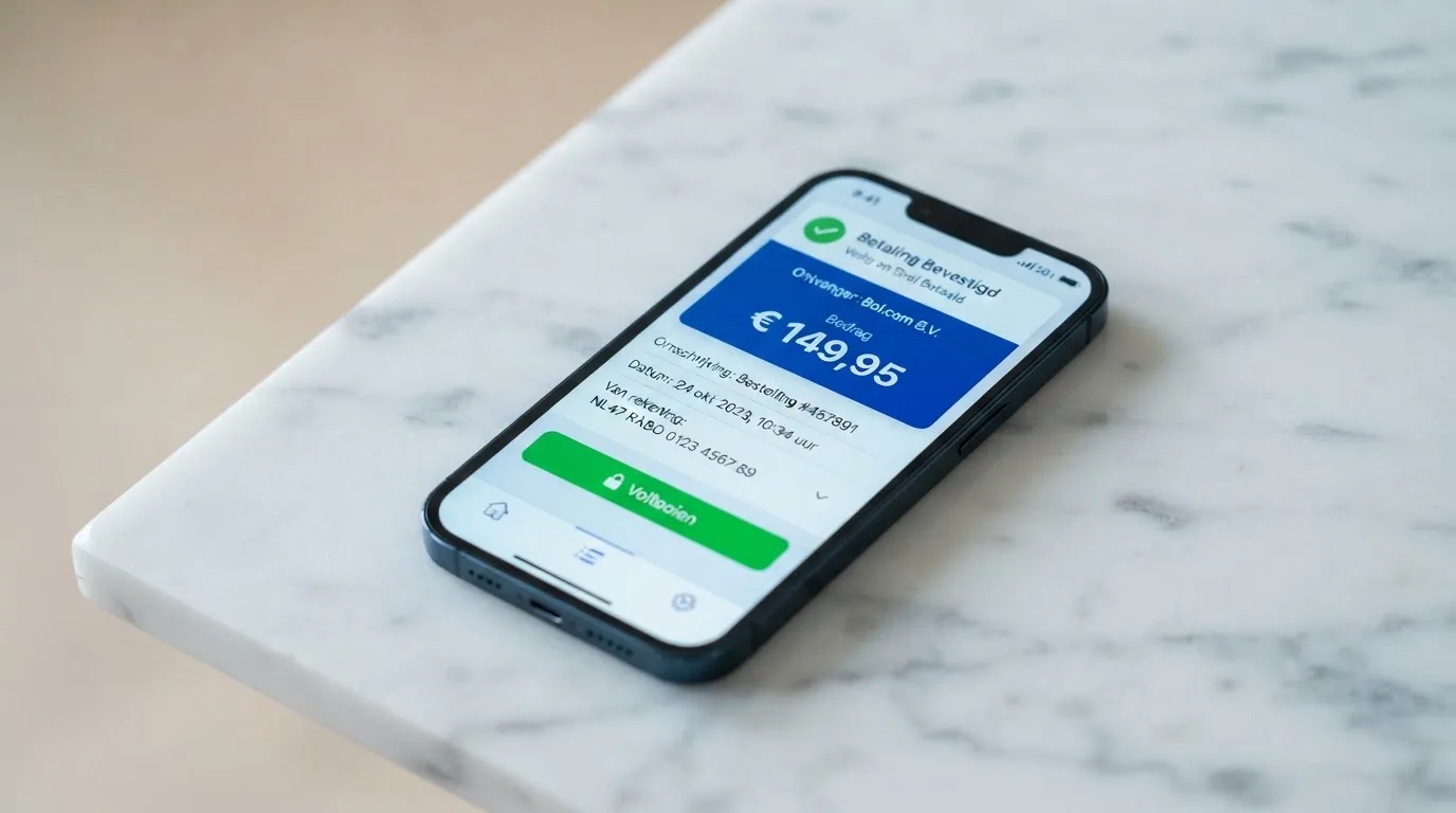 Close-up van een smartphonescherm met het Brite-checkoutvenster waarop een bankbevestiging zichtbaar is tijdens een casinostorting