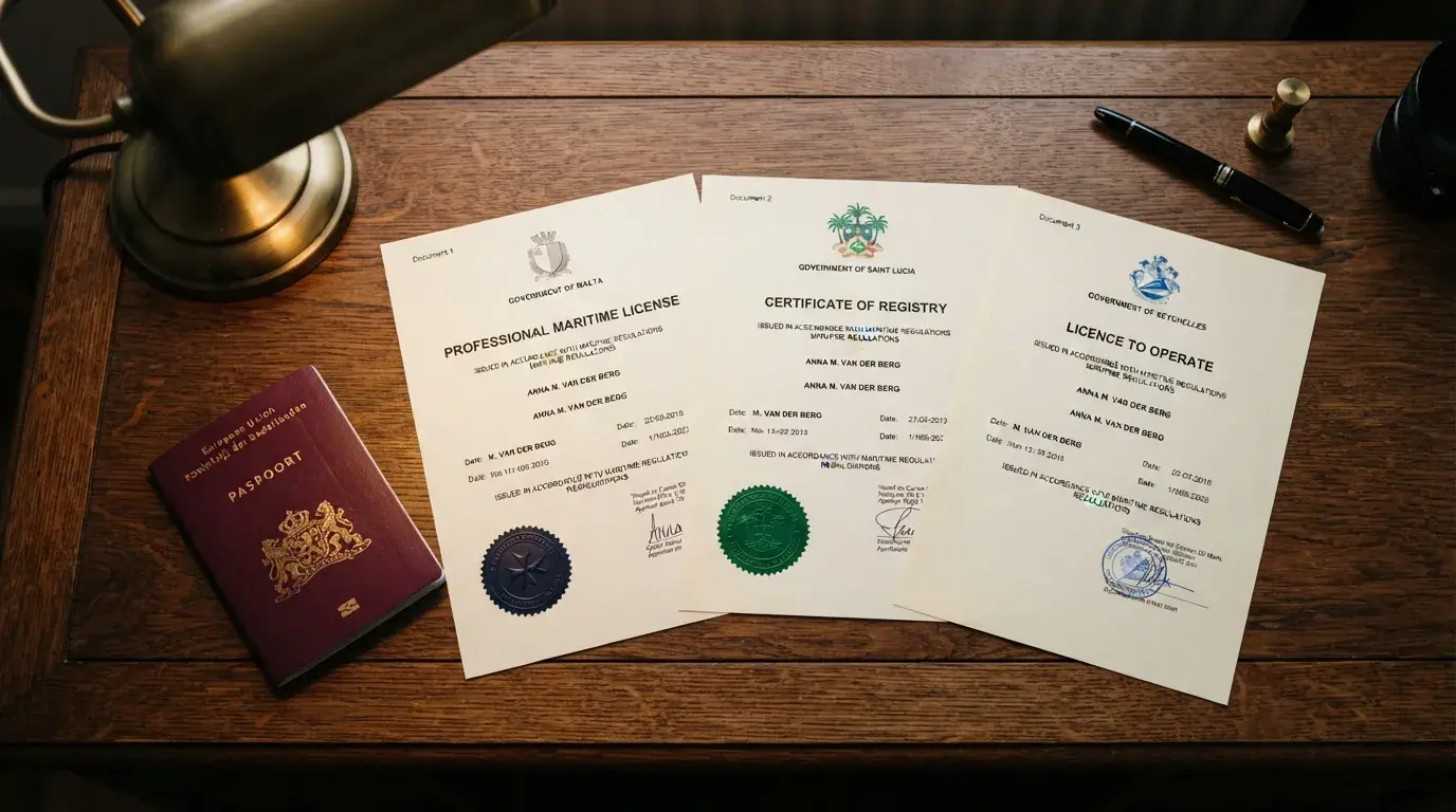 Drie officiële vergunningsdocumenten van MGA, Curaçao Gaming Authority en Anjouan naast elkaar, met een Nederlands paspoort ernaast