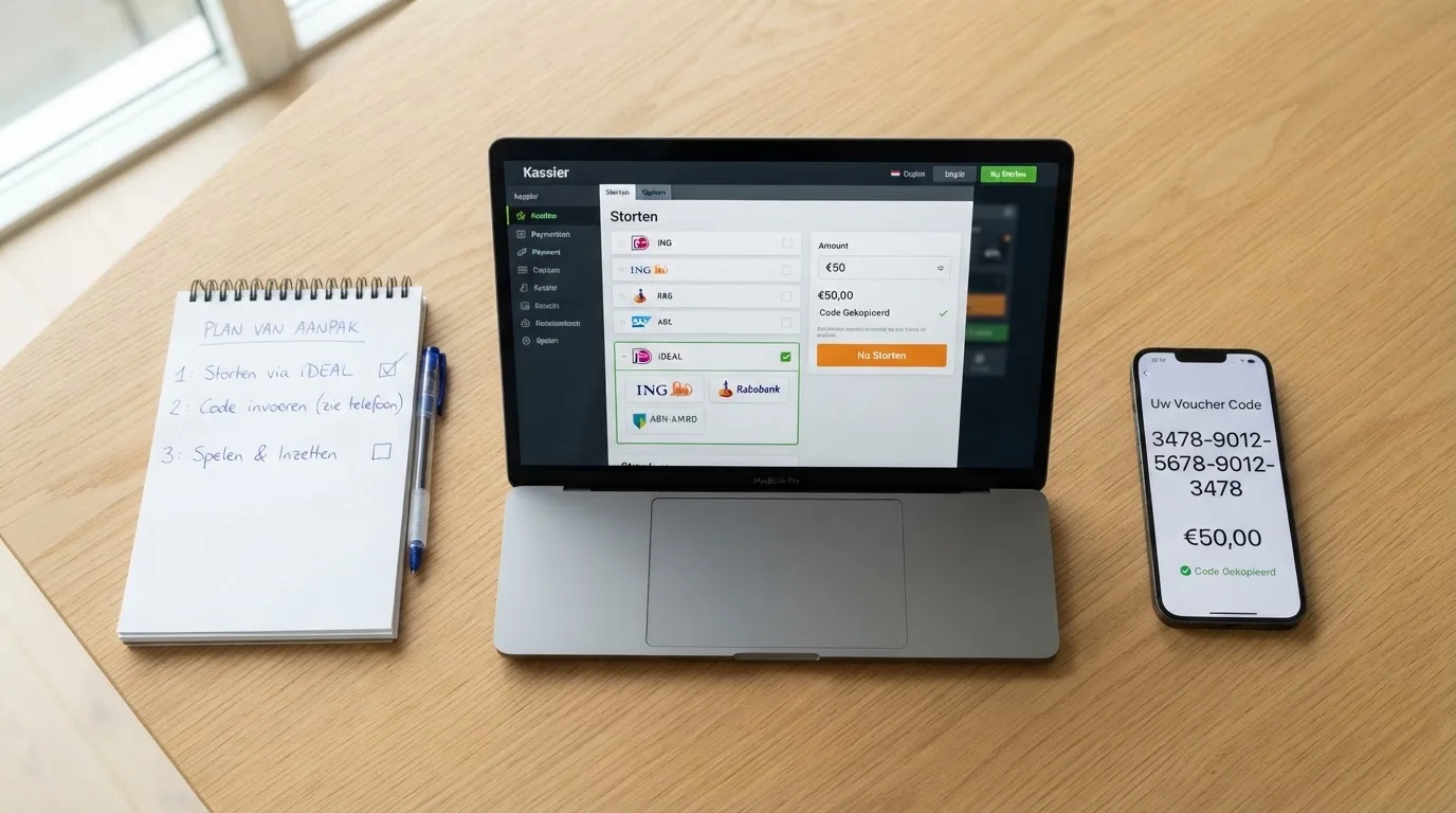 Een handgeschreven stappenplan op papier naast een laptop met een casino-stortingspagina, met de CashtoCode-optie in beeld en een smartphone met de vouchercode.