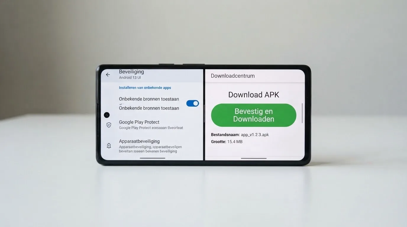 De Android-instellingenpagina met de optie 'Onbekende bronnen toestaan' en een APK-downloadpagina van een casinowebsite ernaast