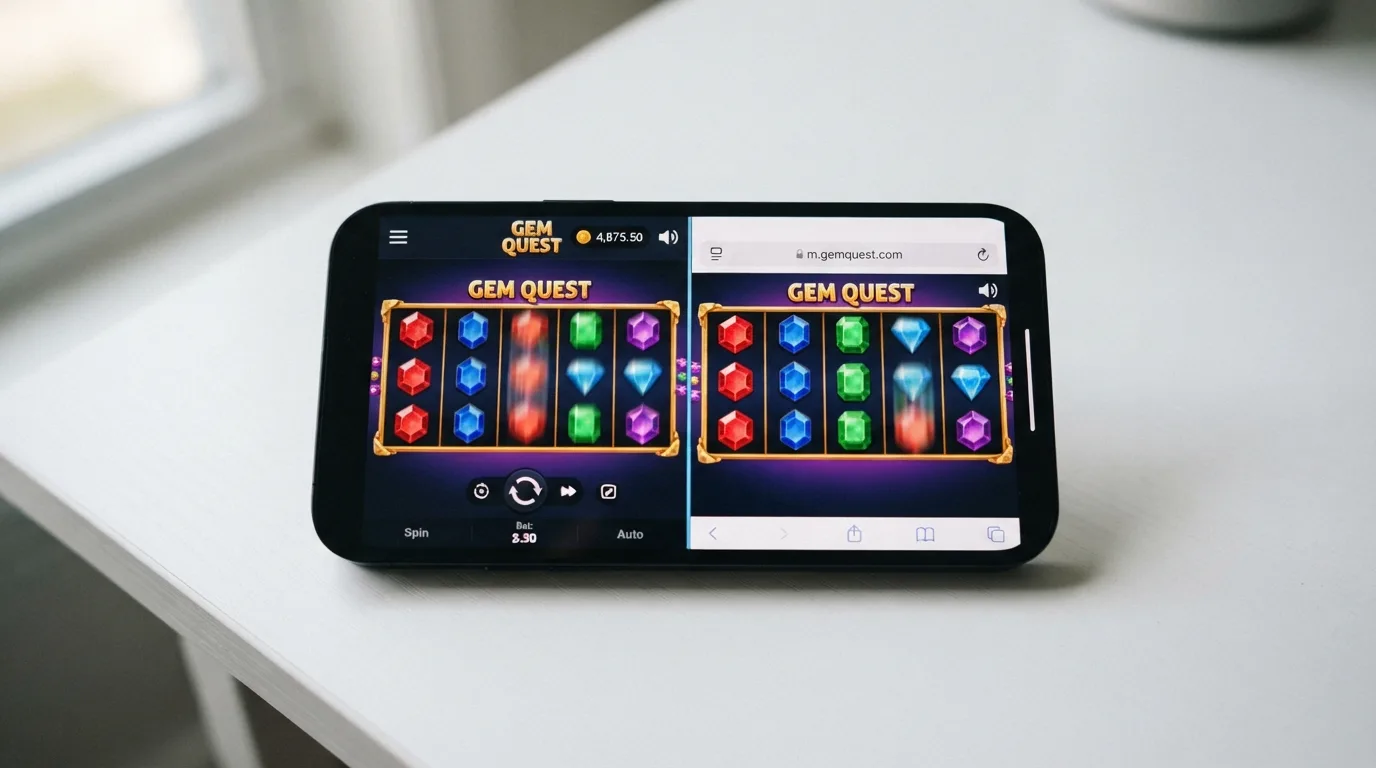 Een split-screen van dezelfde gokkast: links in een casino-app, rechts in de mobiele browser van dezelfde telefoon.