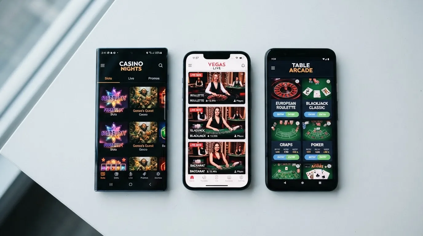 Drie smartphones naast elkaar met verschillende casino apps geopend, waarbij de interfaces van een iOS- en twee Android-toestellen zichtbaar zijn