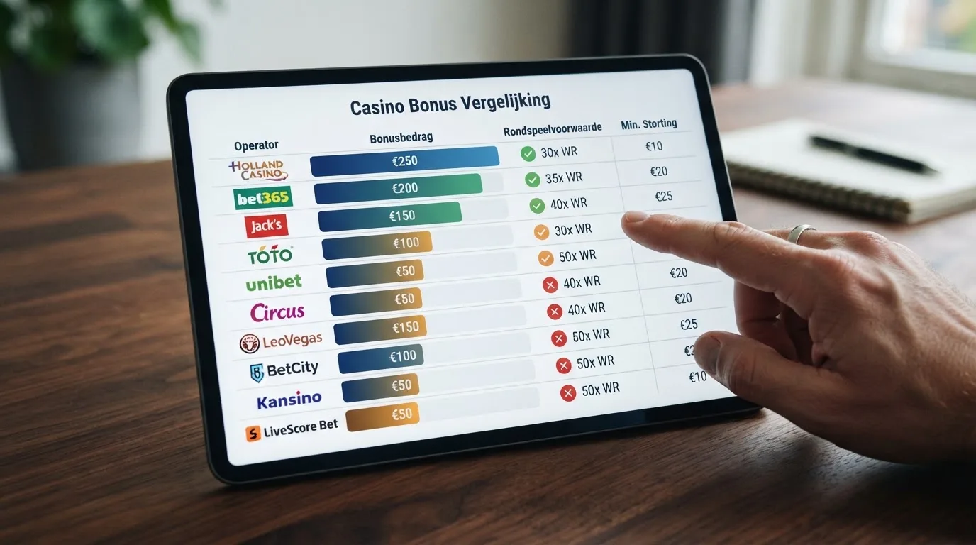Een overzichtelijke vergelijkingstabel van de 10 beste iDEAL casino's met hun bonus, rondspeelvoorwaarde en minimale storting naast elkaar