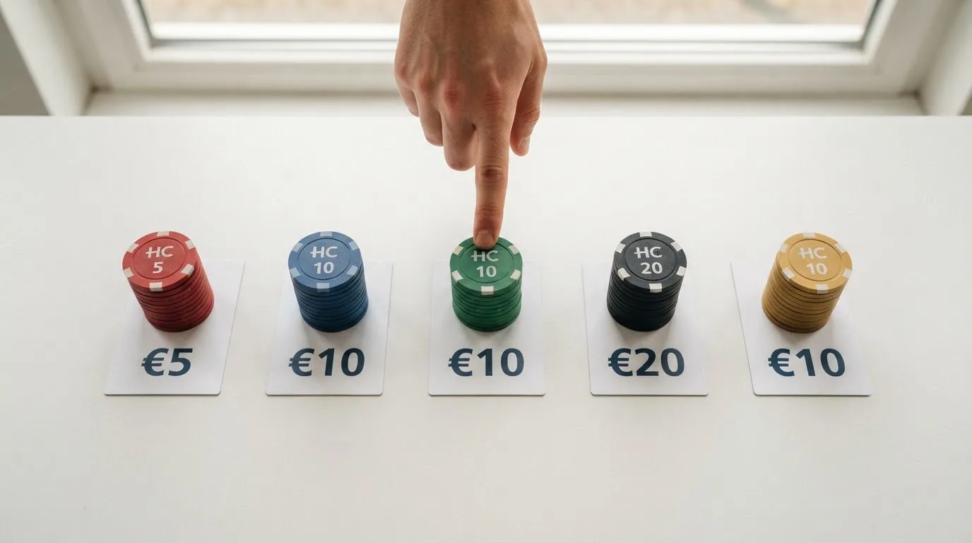 Een overzichtelijk raster met Nederlandse casino-logo's naast elkaar, daaronder stortingsbedragen van €5, €10 en €20 visueel gemarkeerd.