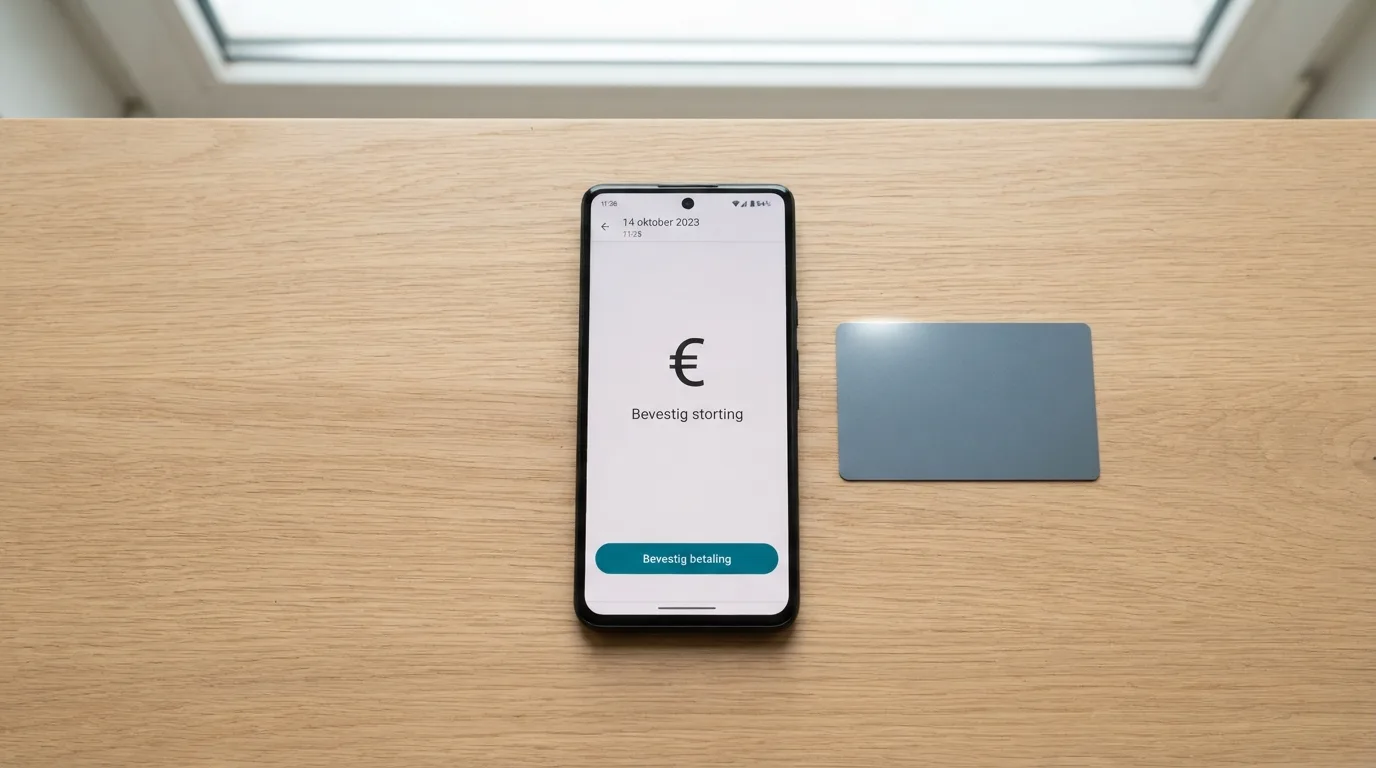 Een smartphone met een openstaand stortingsscherm van een Nederlands online casino, met een creditcard ernaast