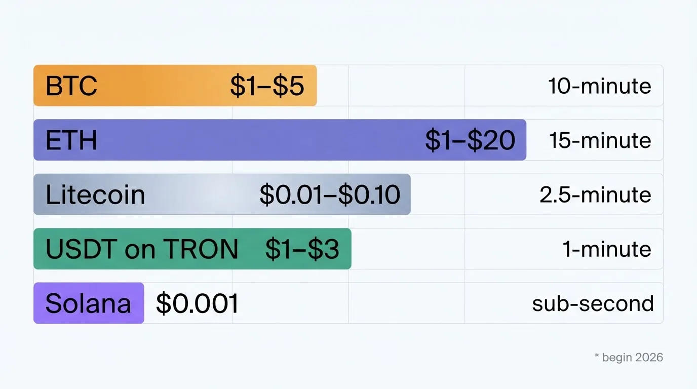 Een vergelijkend overzicht van cryptovaluta met hun transactiekosten en bevestigingstijden — Bitcoin naast Ethereum, Litecoin, USDT en Solana.