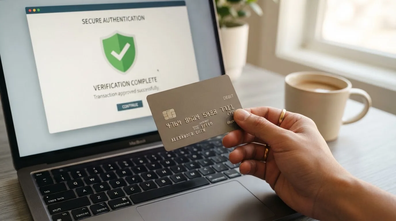 Een close-up van een Debit Mastercard met zichtbare CVC-code en 3D Secure-verificatiescherm op een laptop, met op de achtergrond het iDEAL-betaalscherm