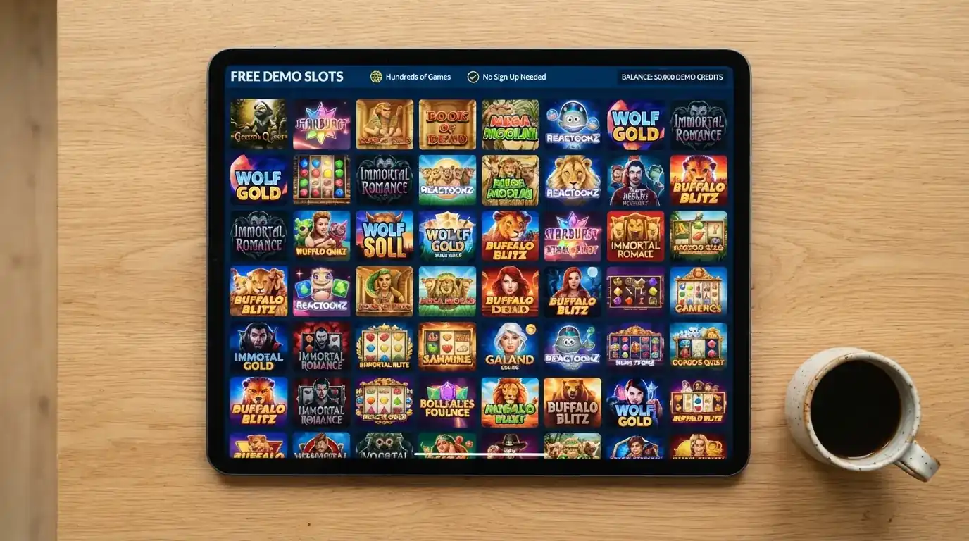 Een overzicht van gratis gokkasten op een demo-platform, met meerdere kleurrijke speltegels zichtbaar.