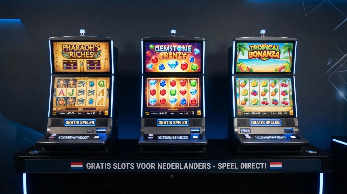 Een selectie van drie verschillende online gokkasten naast elkaar, elk met een ander thema, allemaal in demo-modus met de knop 'gratis spelen'