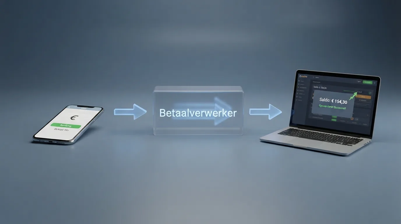 Een schematische weergave van een online betaling: een smartphone met iDEAL-logo links, een pijlenstroom via een blok gemarkeerd 'HiPay (betaalverwerker)' in het midden, en een casino-interface met bijgeschreven saldo rechts.