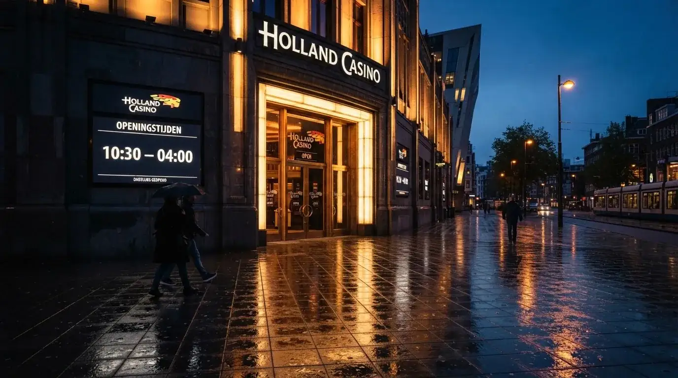 De gevel van Holland Casino Rotterdam aan de vooravond, met zichtbare sluitingstijden naast de ingang