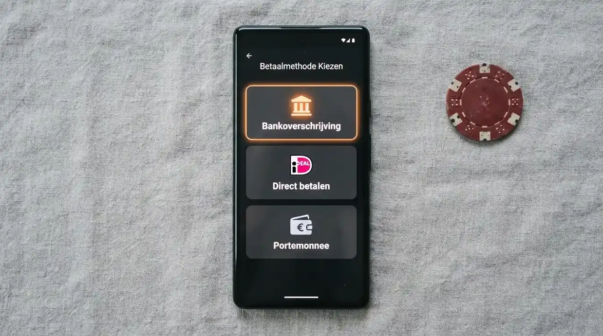 De logo's van iDEAL, Trustly en PayPal op het scherm van een smartphone, met op de achtergrond een casinostortingspagina in het Nederlands