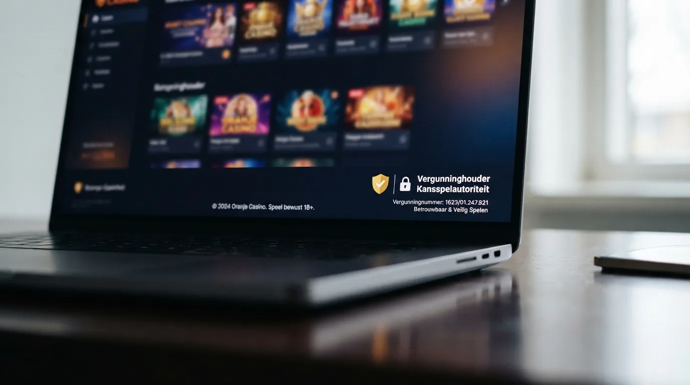 Een close-up van een KSA-keurmerk en licentienummer op de footer van een Nederlandse casino-website, met een slotje en de tekst 'Vergunninghouder Kansspelautoriteit'