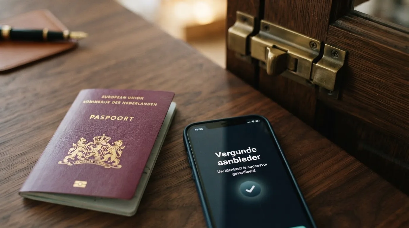 Een Nederlands paspoort naast een smartphone met het Ksa-logo en de tekst 'Vergunde aanbieder — controleer de Kansspelwijzer', met op de achtergrond een slot dat dichtklikt.