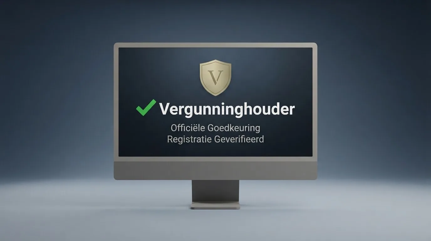 Het logo van de Kansspelautoriteit op een beeldscherm naast een groen vinkje en het woord “Vergunninghouder” in een overlay.