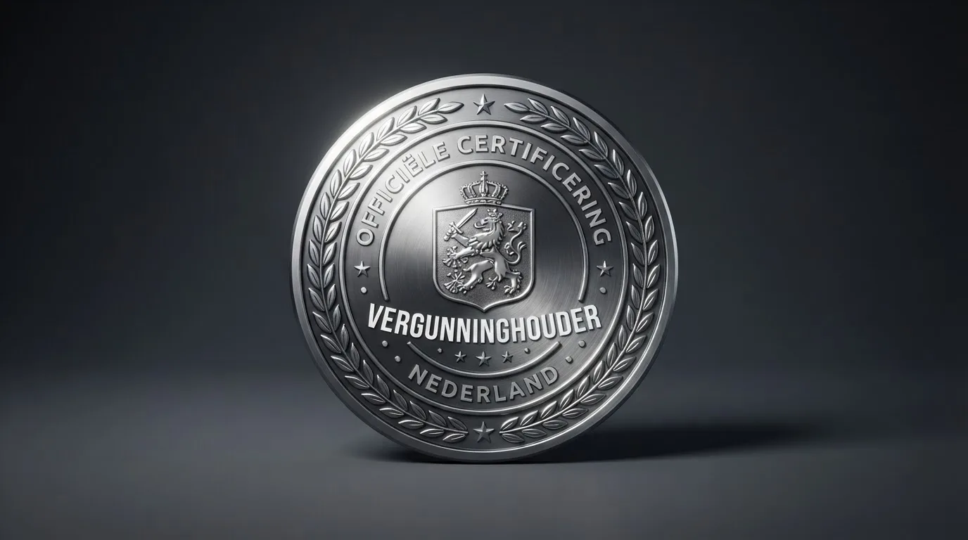 Het logo van de Kansspelautoriteit op een donkere achtergrond, met daaronder de tekst “vergunninghouder” in het Nederlands