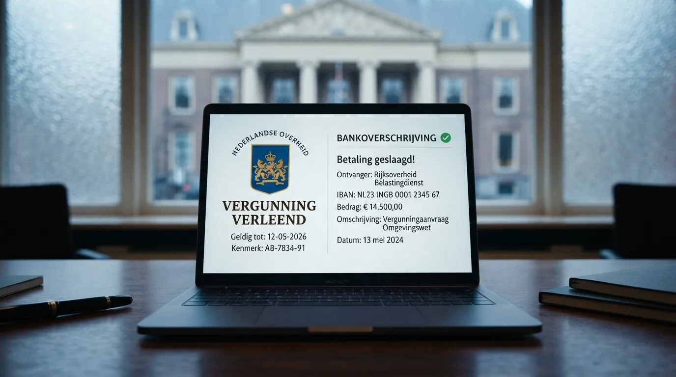 Een close-up van een scherm met het Ksa-keurmerk naast een bankoverschrijving-bevestiging, met op de achtergrond het Nederlandse wapen of een herkenbaar overheidsgebouw in Den Haag.