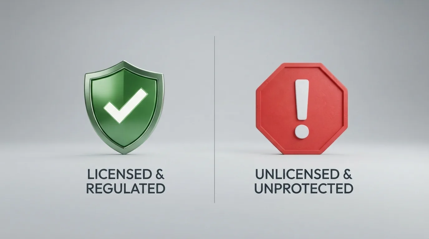 Een split-screen: links het logo van de Kansspelautoriteit met een groen vinkje bij Ksa-vergunde casino's, rechts een rood kruis bij de buitenlandse licenties van Nodapay-casino's