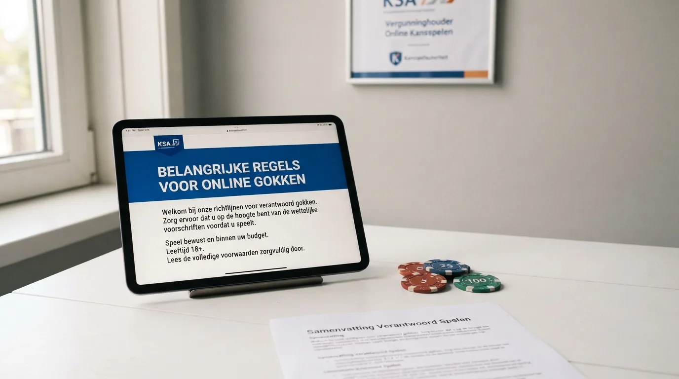 Het logo van de Kansspelautoriteit naast een document met de titel 'Besluit kansspelen op afstand' op een scherm