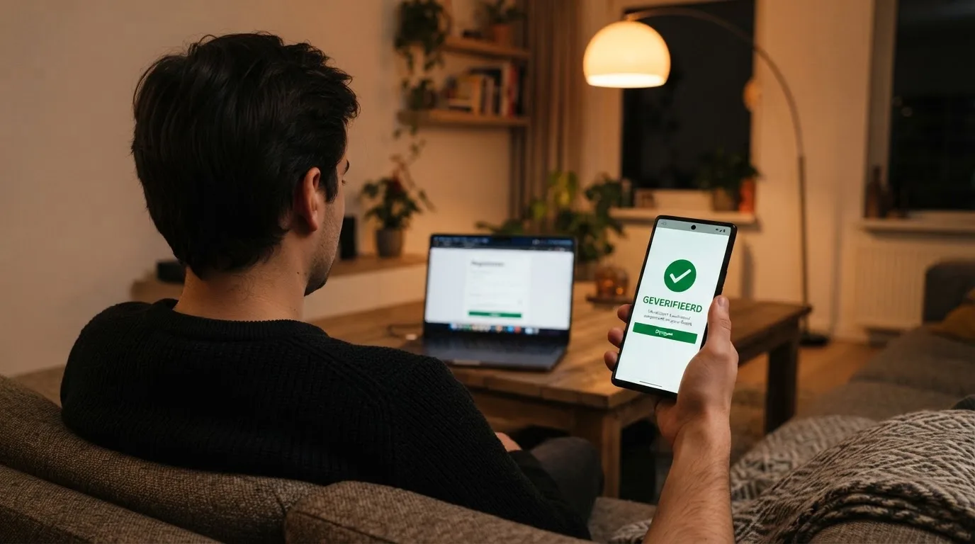 Het logo van de Kansspelautoriteit naast een casino-vergunning met keurmerk, met een smartphone die het Ksa-register toont