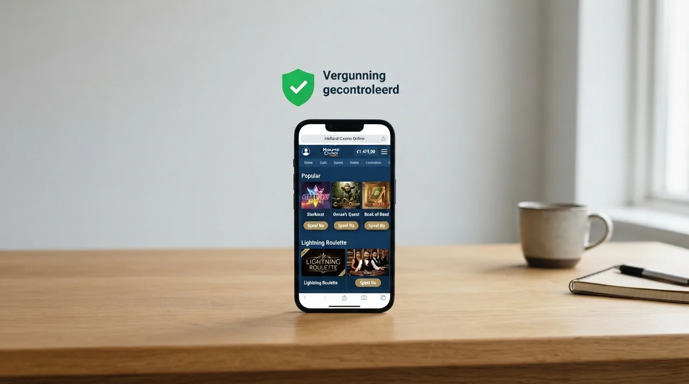 Het Ksa-logo naast een smartphone die een casino app toont, met een groen vinkje bij 'vergunning gecontroleerd'