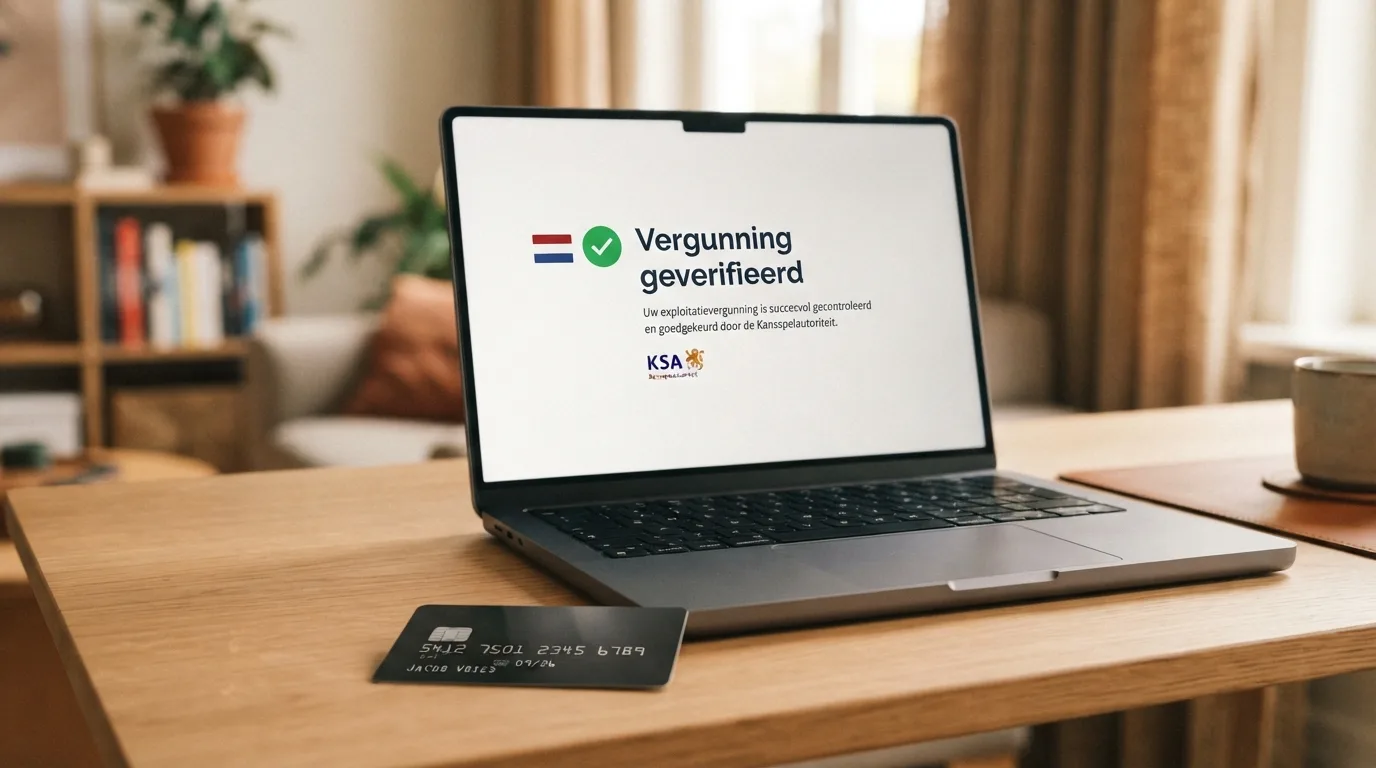 Een laptopscherm met het KSA-logo en een Nederlandse vlag, met een creditcard op de achtergrond