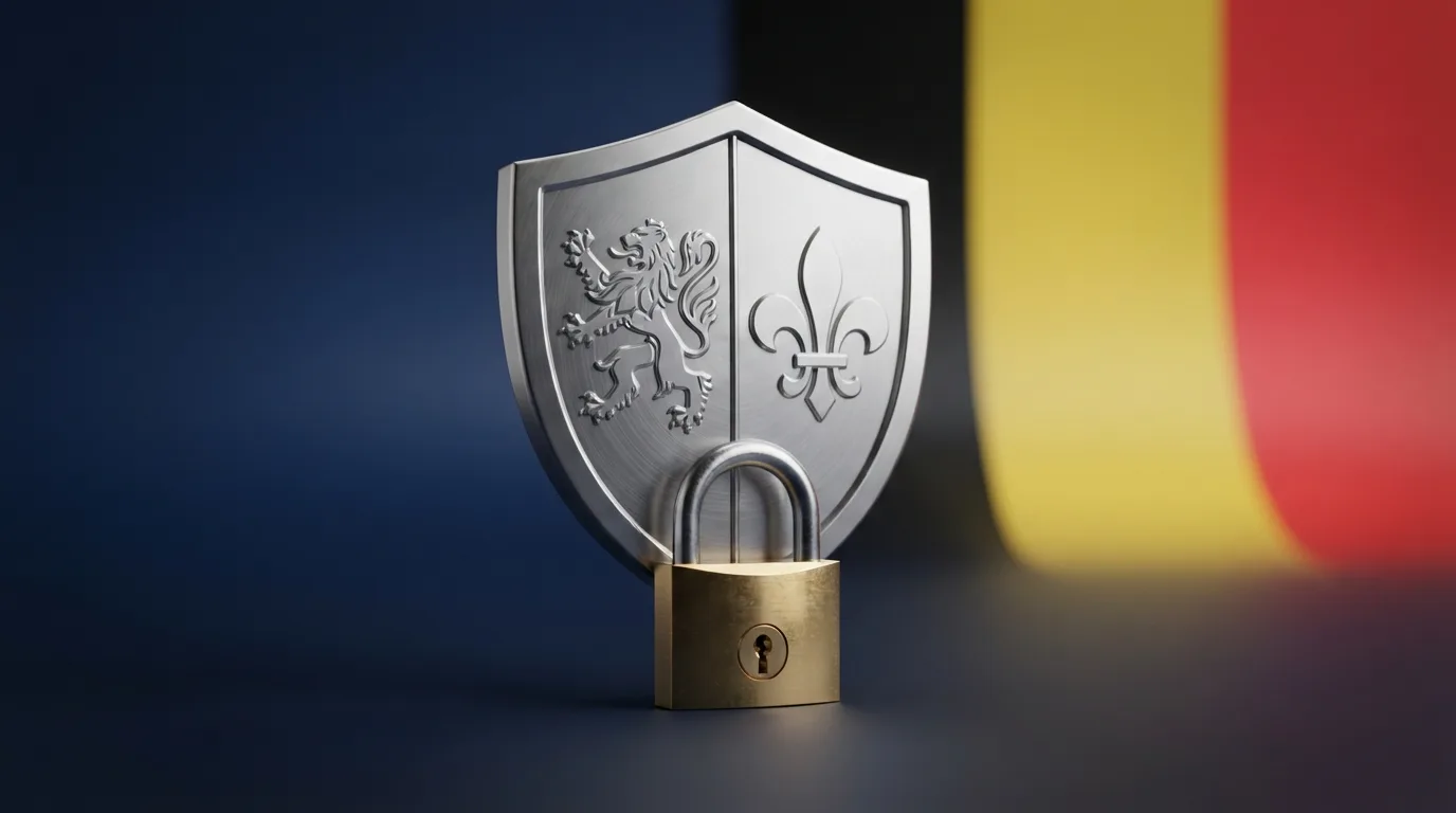 Een scherm met het KSA-logo naast het KSC-logo, met daaronder Nederlandse en Belgische vlaggen, en een slot-icoon dat Cruks-bescherming symboliseert
