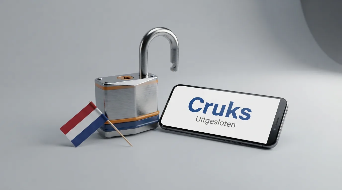 Het logo van de Kansspelautoriteit en een slotje met de Nederlandse vlag, naast een smartphone met de tekst 'Cruks: centraal register uitsluiting kansspelen'