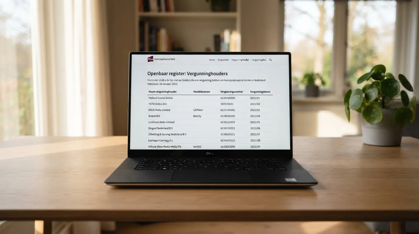 Het online register van de Kansspelautoriteit met vergunninghouders op een beeldscherm
