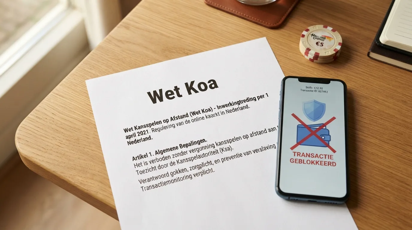 Het logo van de Kansspelautoriteit naast een doorgestreept Skrill-logo, met een document waarop “Wet Koa” en “Wwft” leesbaar zijn