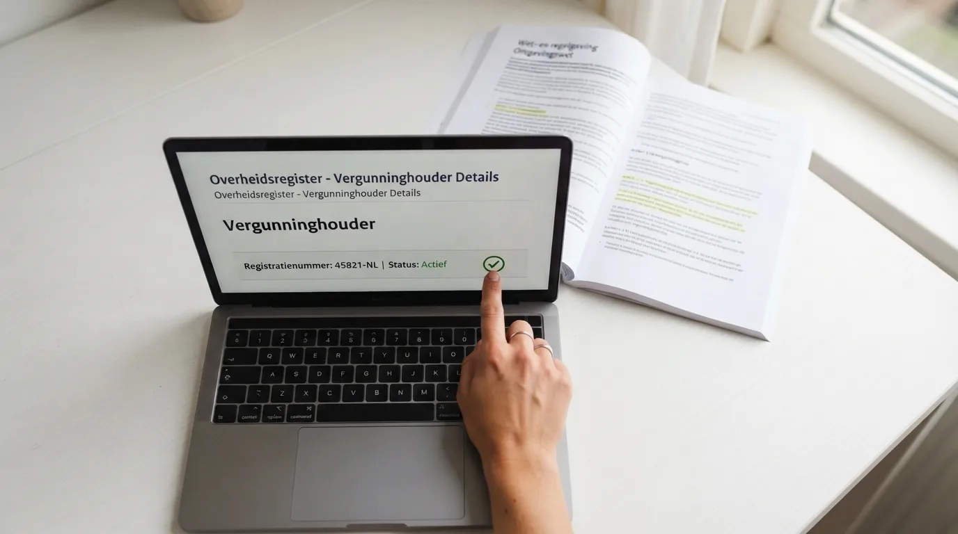 Een screenshot van het online Ksa-vergunningenregister met een groen vinkje bij een casino, met op de achtergrond het wetsartikel Wet Koa zichtbaar