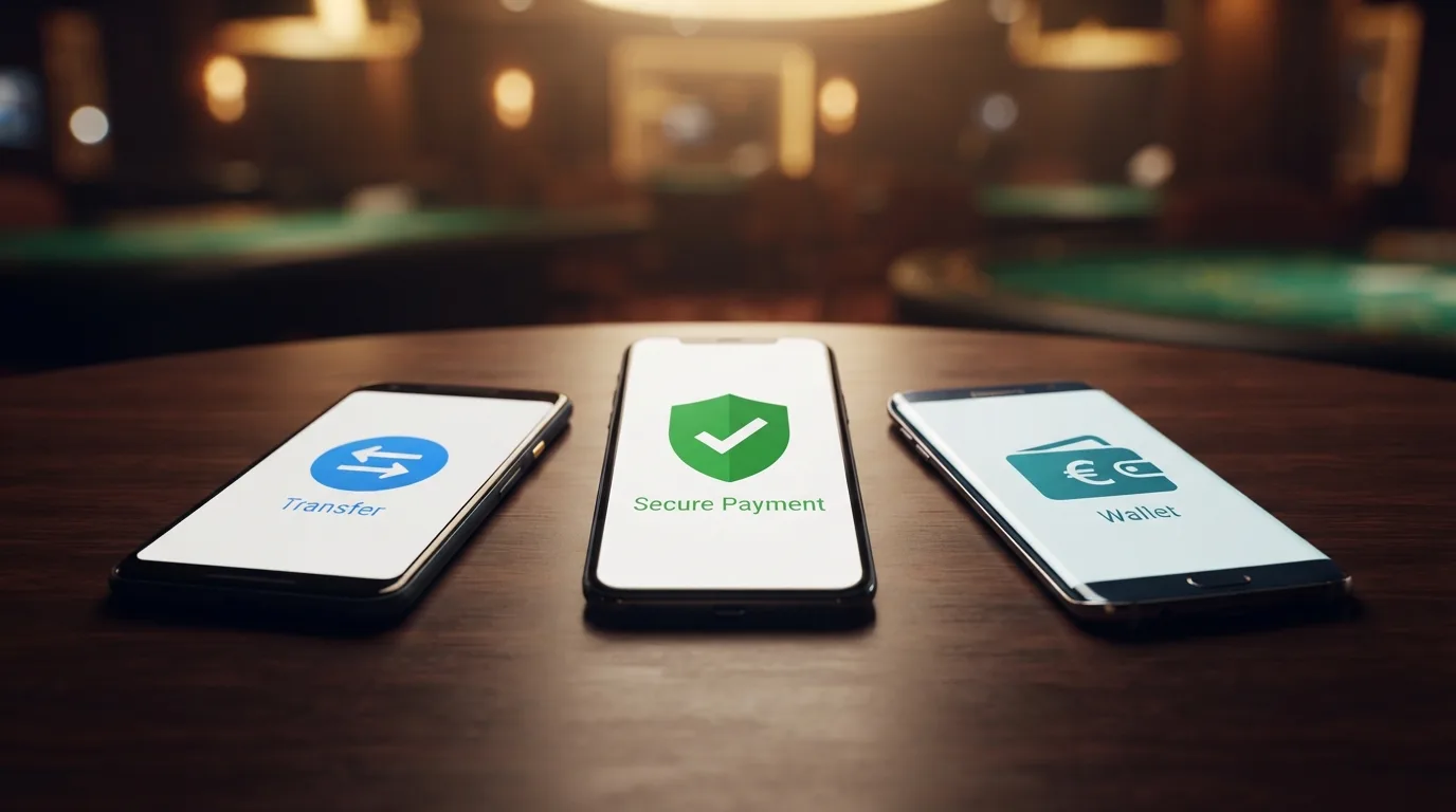 Een rij van drie smartphones die respectievelijk het iDEAL-, Trustly- en PayPal-logo tonen, met op de achtergrond de logo's van de top 10 KSA-vergunde casino's