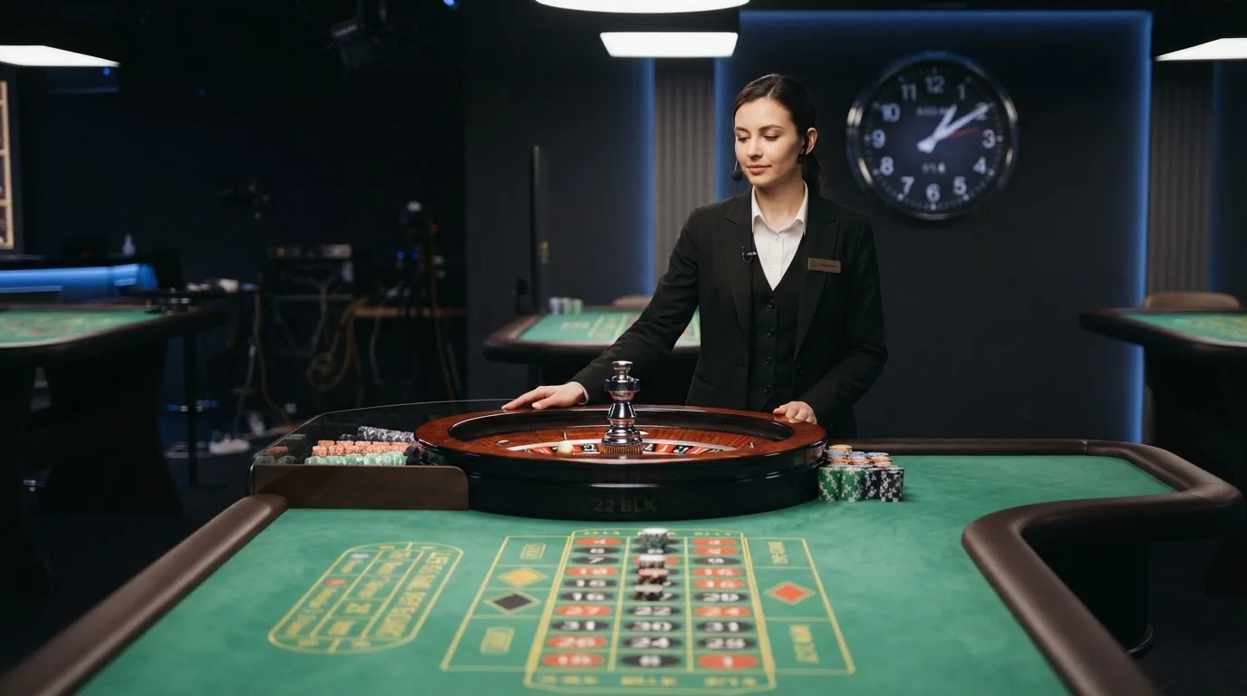 Een live roulettetafel in een casino-studio met een dealer in beeld, de tafelverlichting brandt en op een klok op de achtergrond is het diepe nacht