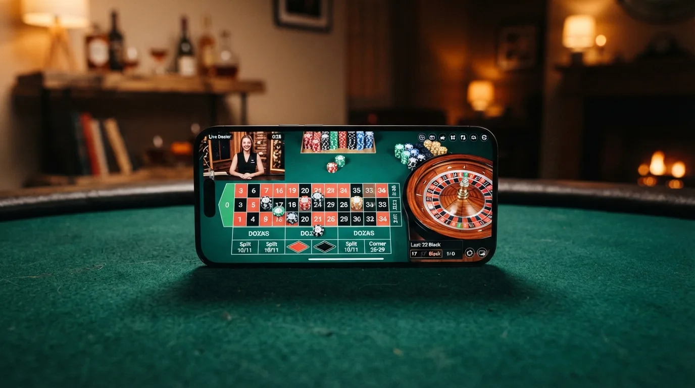 Een iPhone in landscape-modus met een live roulette-tafel van Evolution, inclusief inzetopties, chat en statistieken op het scherm