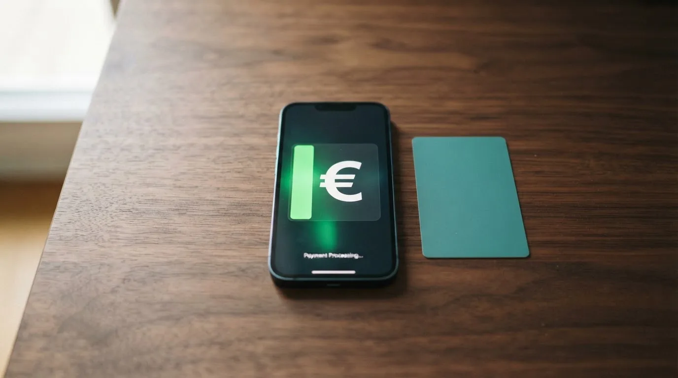 Een smartphone met een Mastercard op het scherm naast een open casino-app, met een laadbalk die bijna vol is