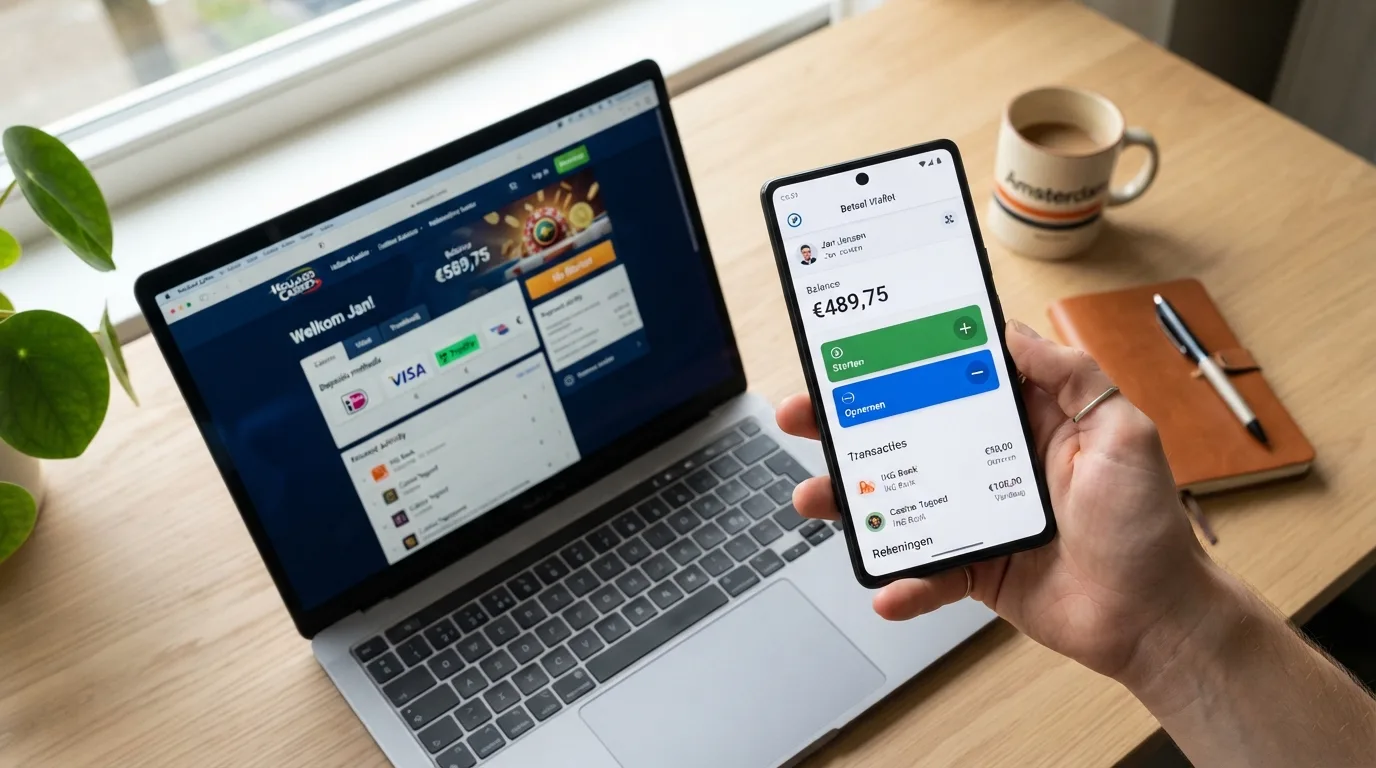 Het MiFinity-dashboard met stortings- en opnameknoppen, naast een smartphone met een casino-stortingsscherm